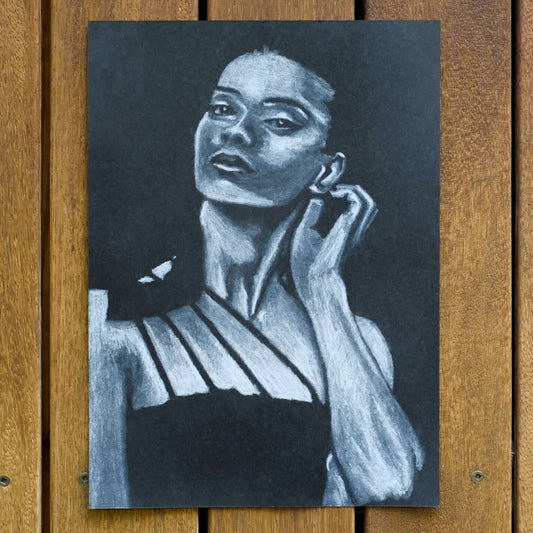 black and white drawing of a woman holding her ear Criss Chaney, Urban Pop Art,  Contemporary Mixed Media Graffiti Style Fusion, Neo-Feminist Street Art