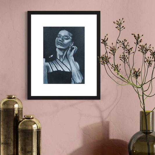 black and white drawing of a woman holding her ear criss chaney pop art
