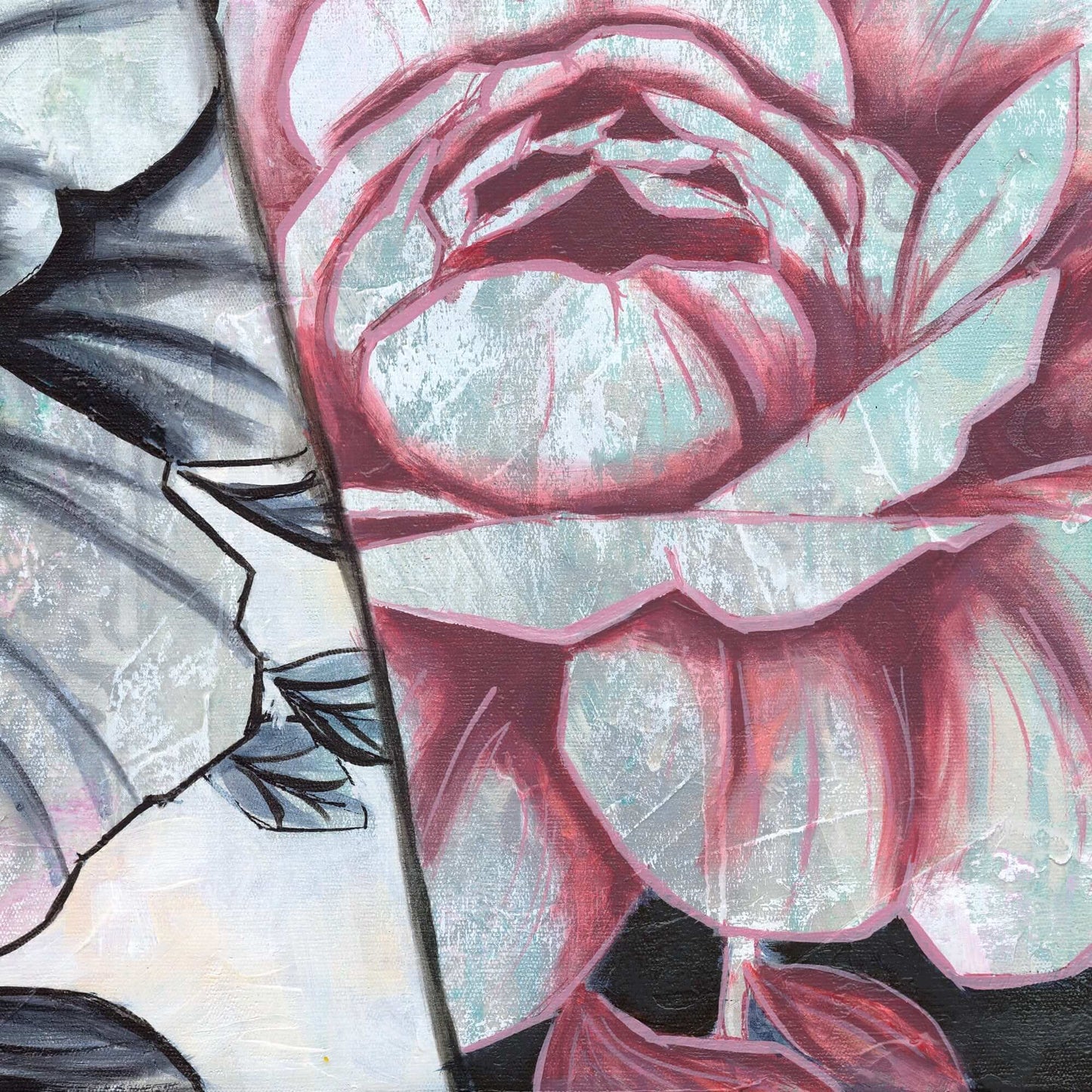 original mixed media painting of woman with floral armour, symbol of strength and emotional stability