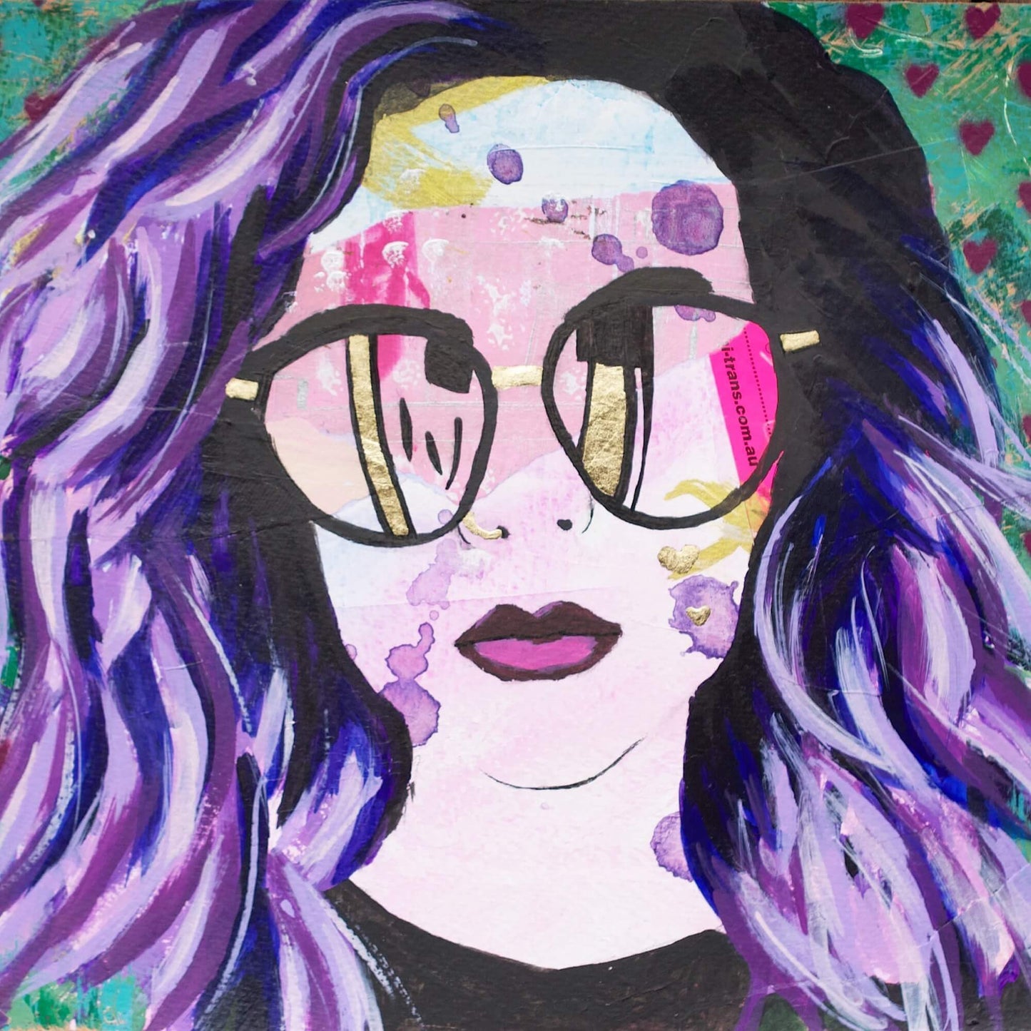 mixed media portrait woman with purple hair wearing sunglasses