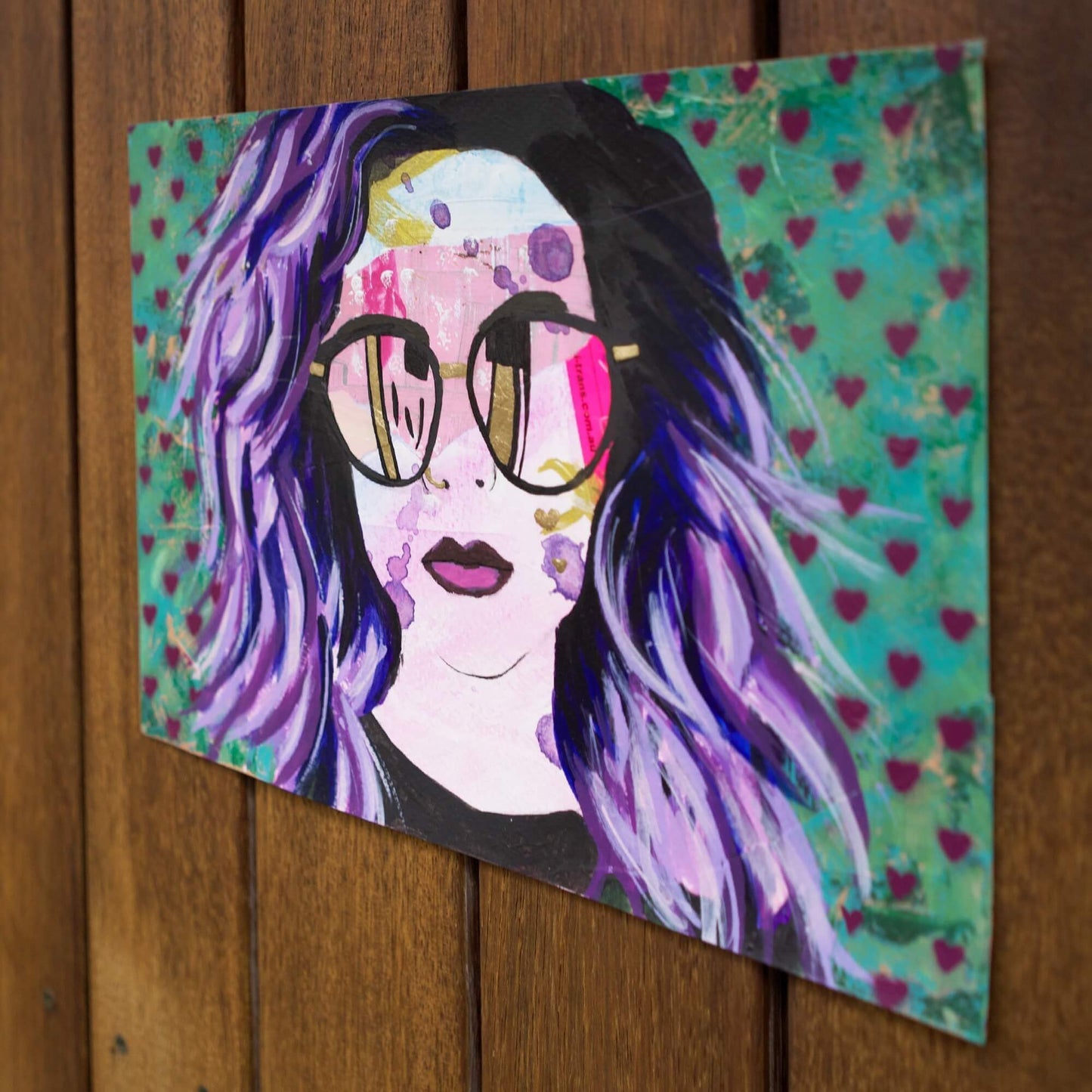 mixed media portrait woman with purple hair wearing sunglasses