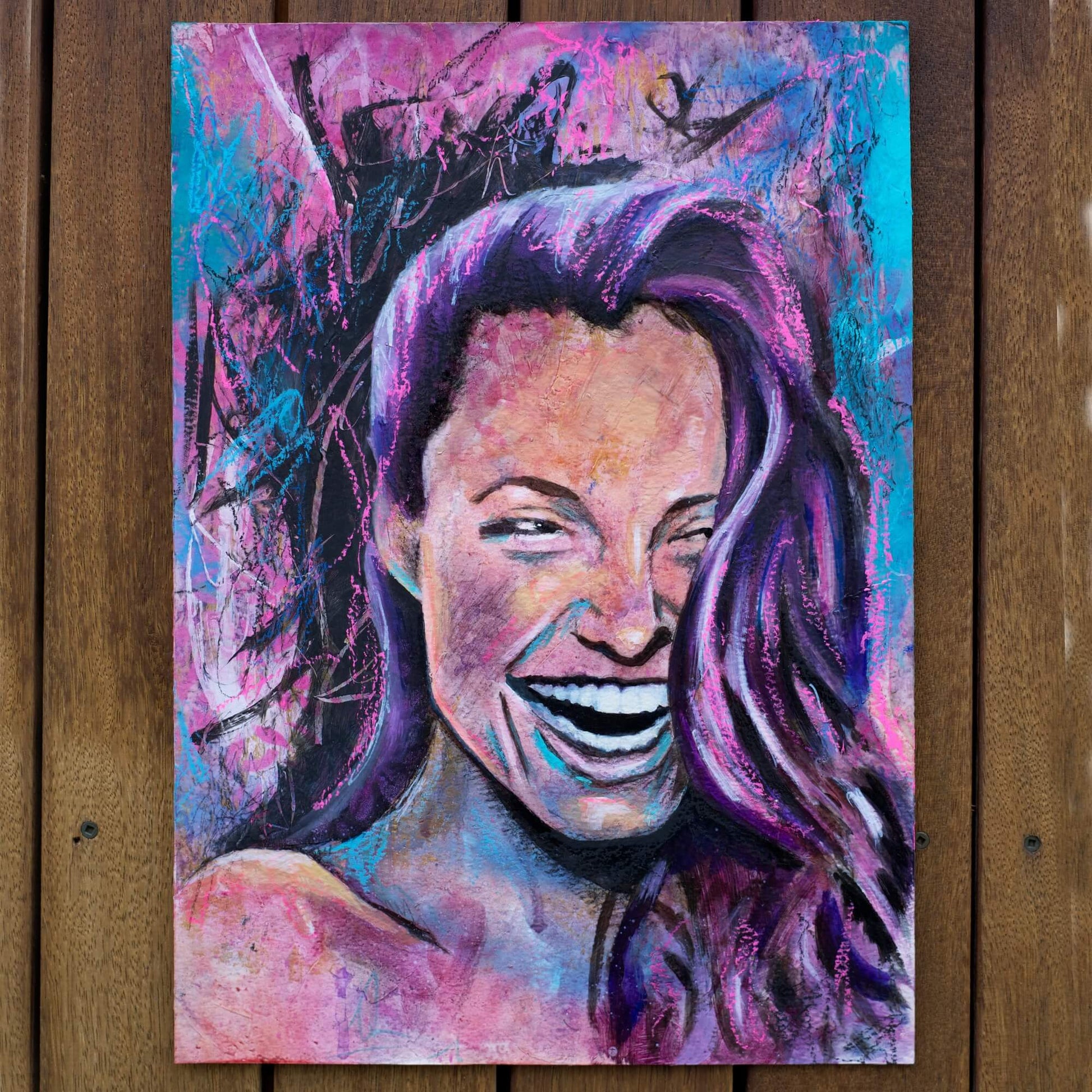 art wall painting, colourful painting of a woman Angelina Jolie Fan art, woman laughing painting pink purple blue
