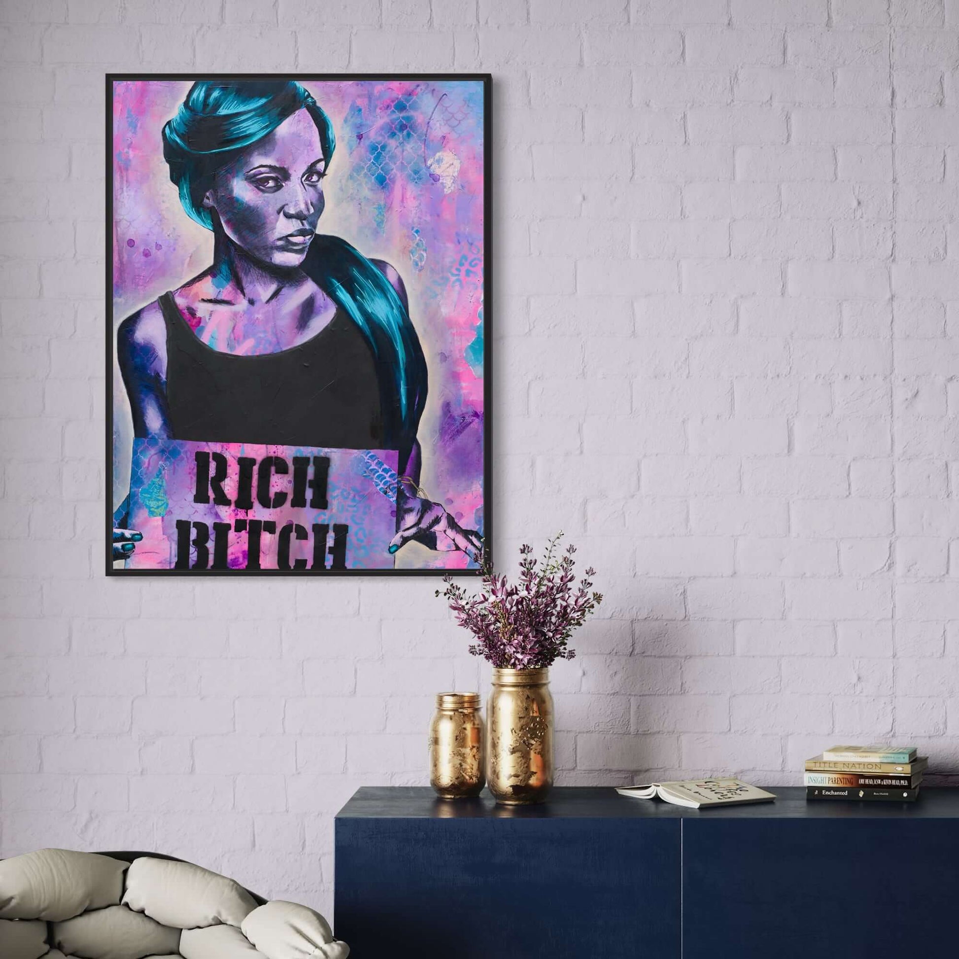 Purple and blue painting of a black woman, BLM Rich Bitch, paintings by criss chaney street art style