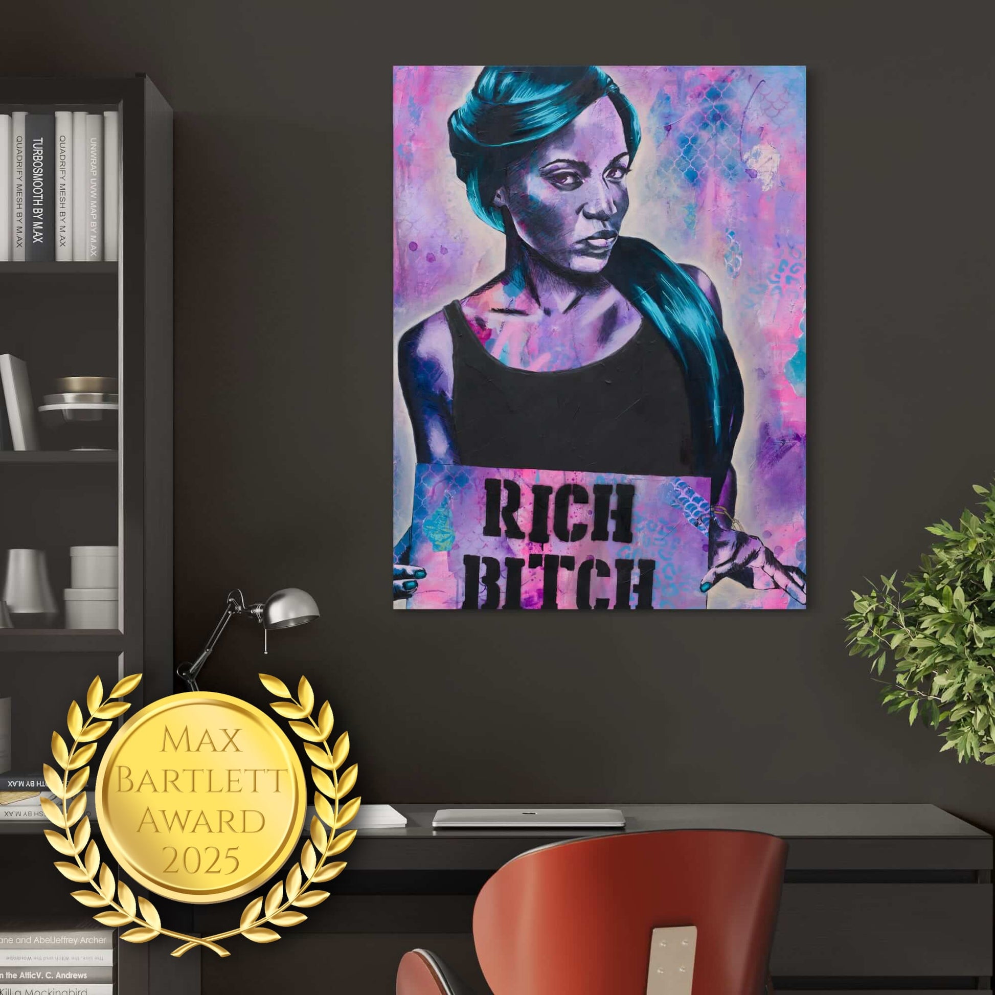 award winning artist, Purple and blue painting of a black woman, BLM Rich Bitch, paintings by criss chaney street art style