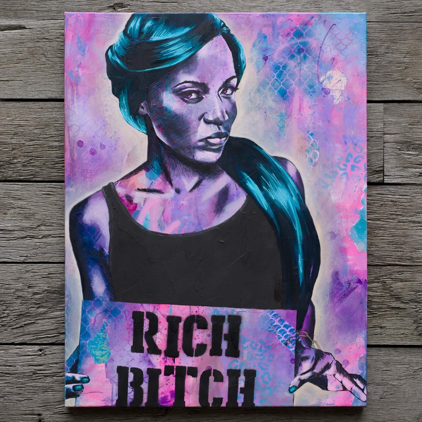 Purple and blue painting of a black woman, BLM Rich Bitch, paintings by criss chaney street art style