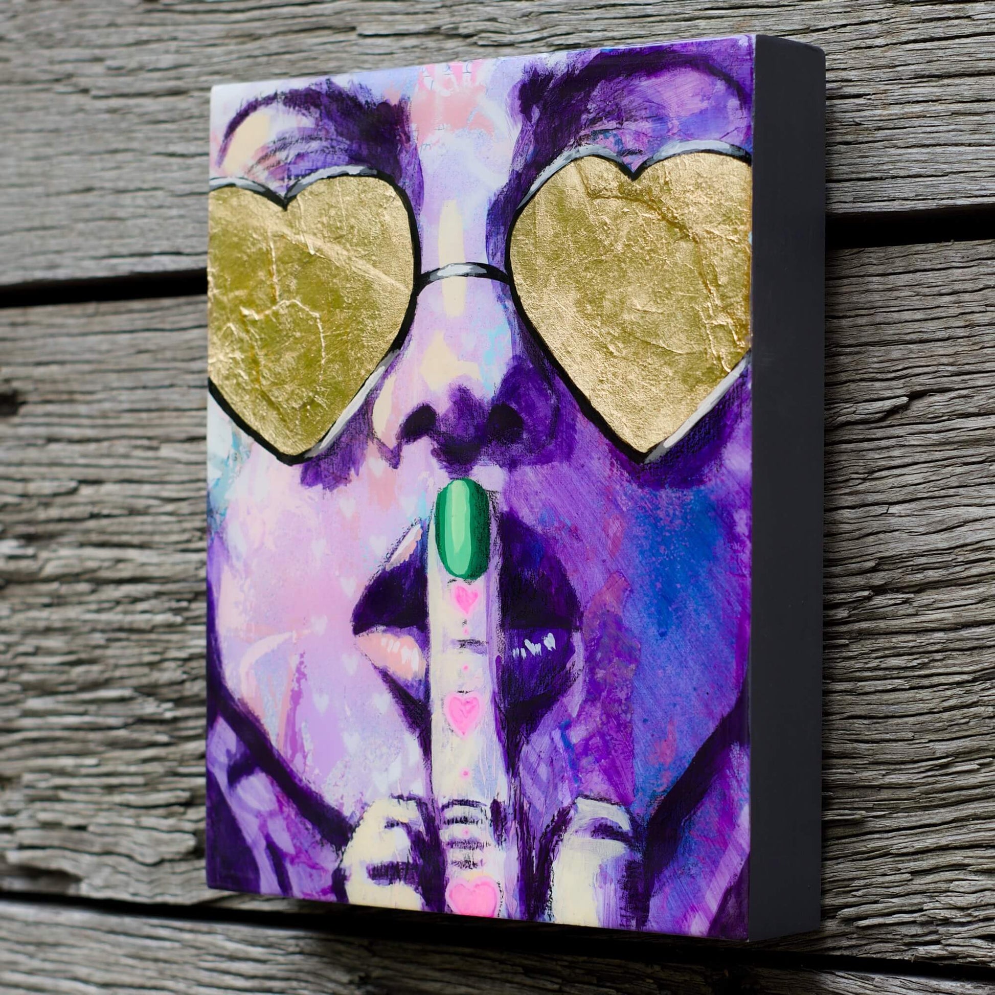 Artwork for Sale – Mini Street Art Style Painting – Purple & Gold – Mixed Media Art – 'No Words' – Art Wall Painting Criss Chaney