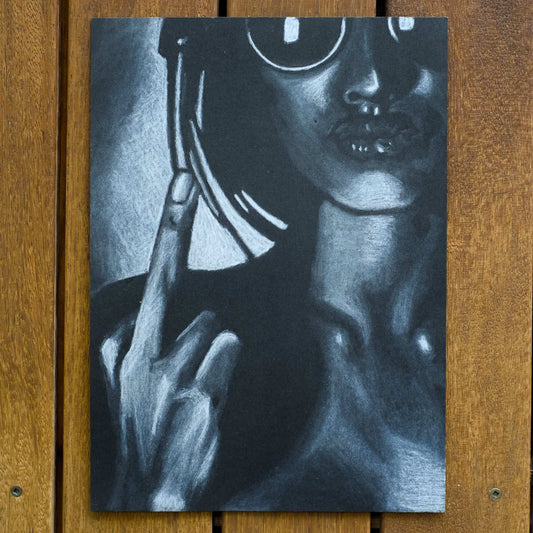 black and white drawing of a woman flipping the bird Criss Chaney, Urban Pop Art,  Contemporary Mixed Media Graffiti Style Fusion, Neo-Feminist Street Art