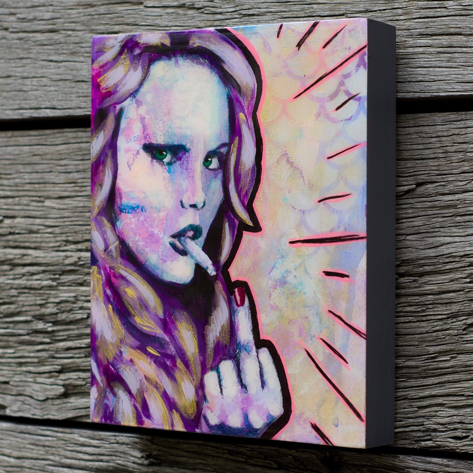 Artwork for Sale – Mini Street Art Style Painting – Pink, Purple & Gold – Mixed Media Art – 'Peggy Sue' – Art Wall Painting Criss Chaney