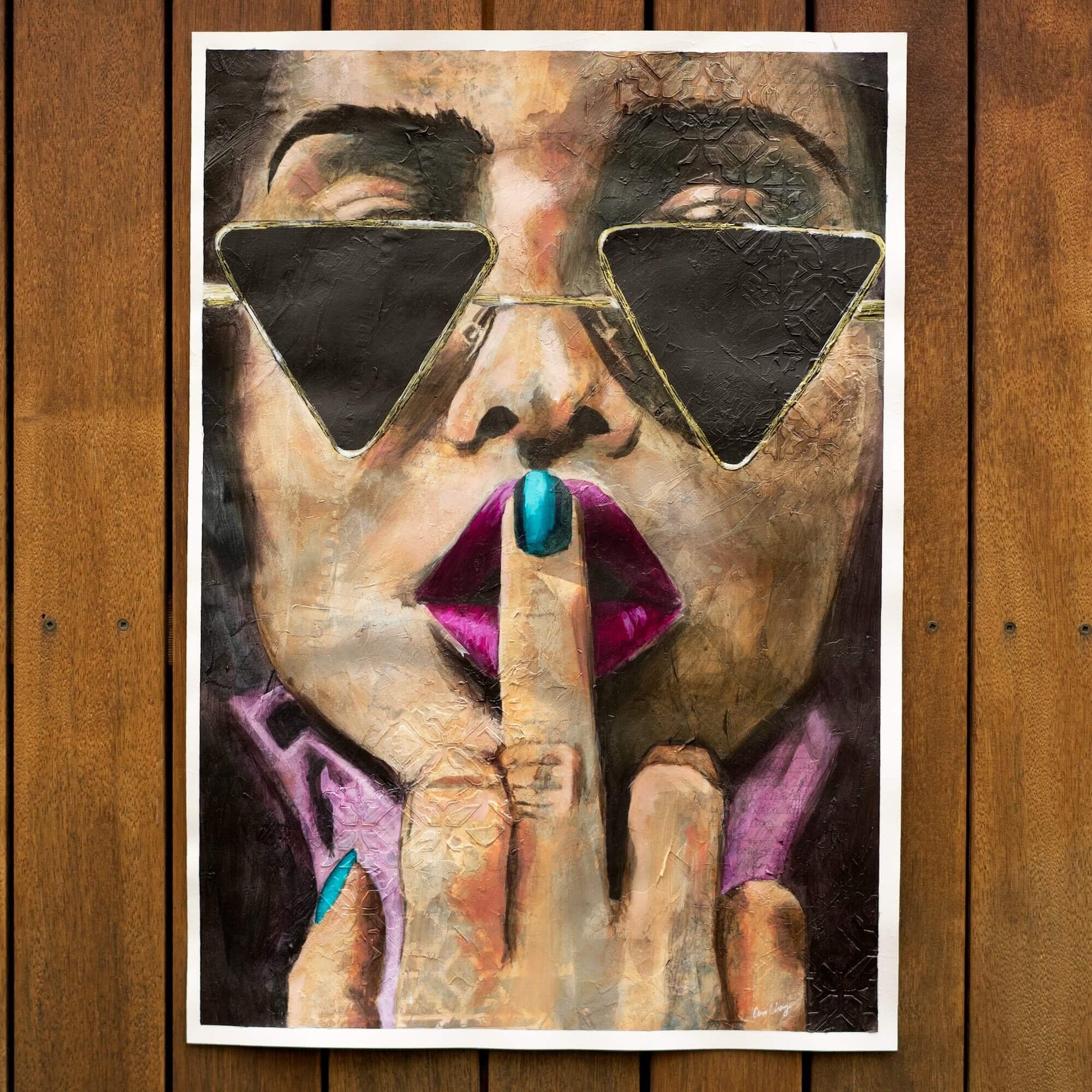 Artworks for Sale – A2 Painting of Woman Flipping Off – Brown & Purple - Collage Art – 'Shhh' – Art Wall Painting by Criss Chaney