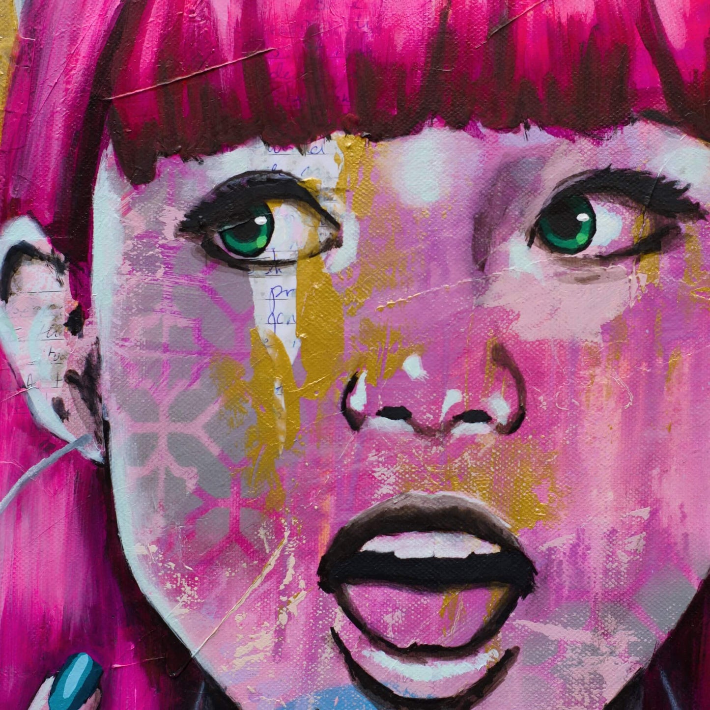 Artworks for Sale – Feminine Street Art of Women - Pink & Gold Painting - 'Shock & Awe' – Art Wall Painting by Criss Chaney