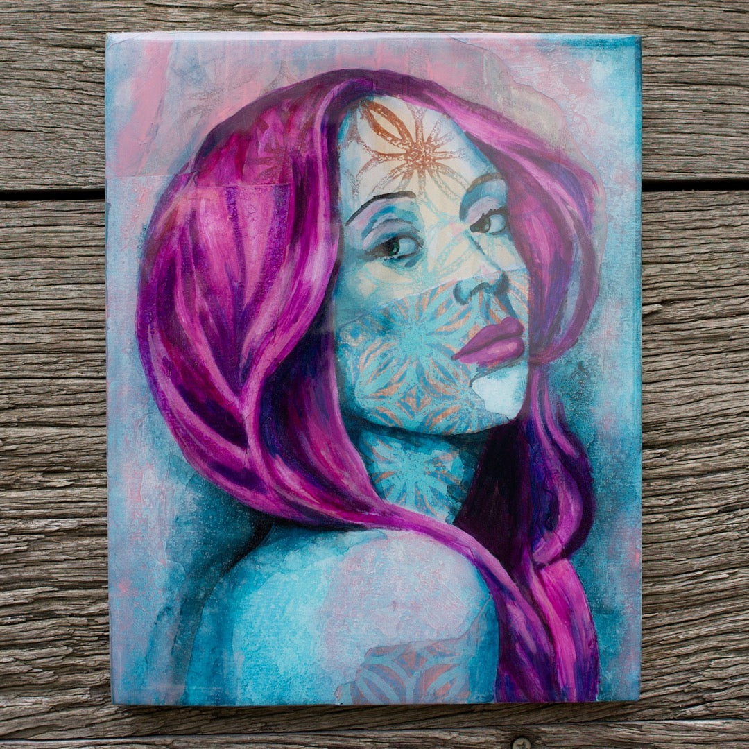 wall art print abstract art portait of a Woman with purple hair Blue, magenta, Purple artists in melbourne wall art online