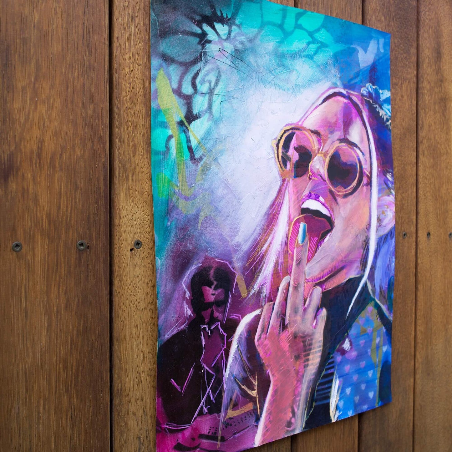 mixed media painting of a woman flipping the bird