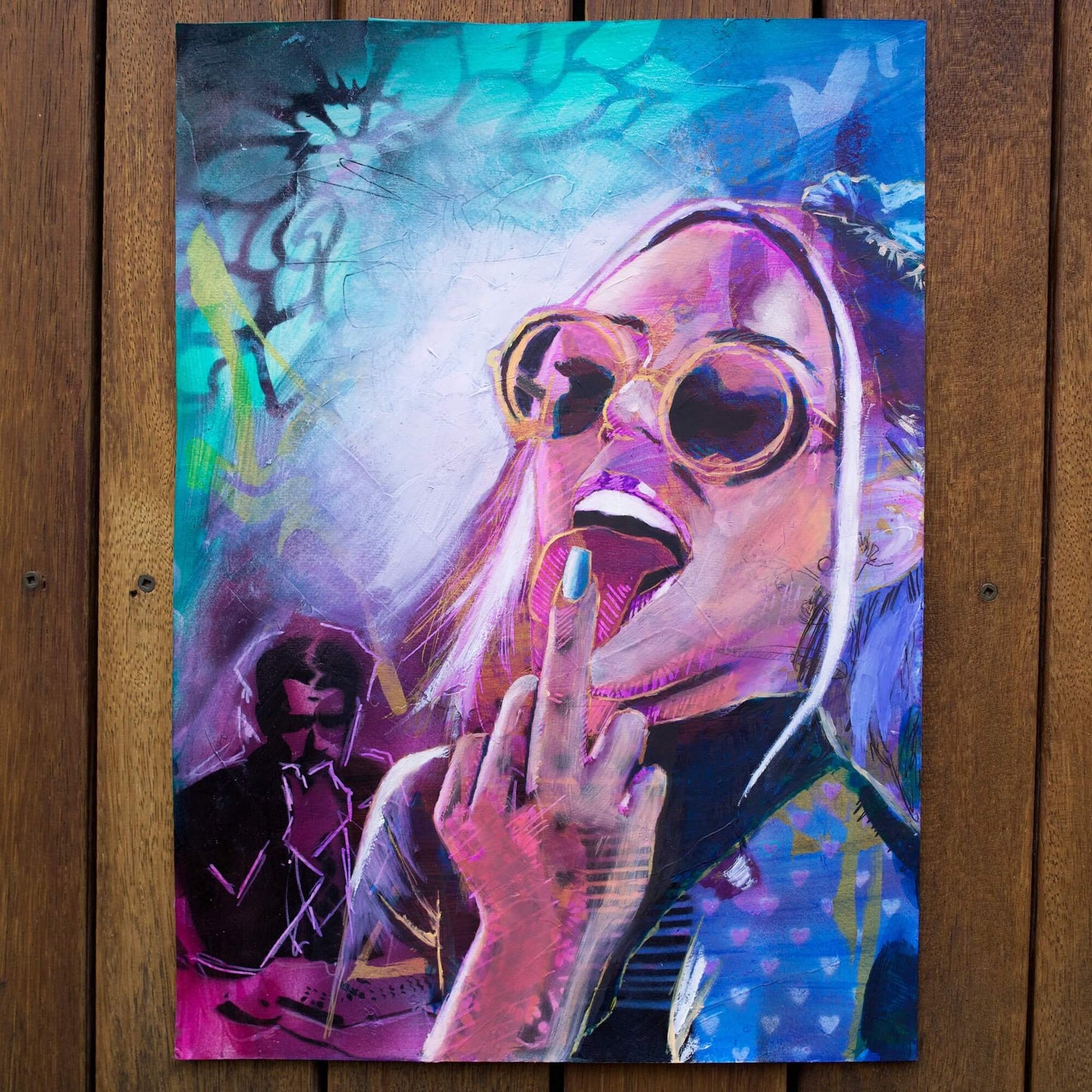 mixed media painting of a woman flipping the bird