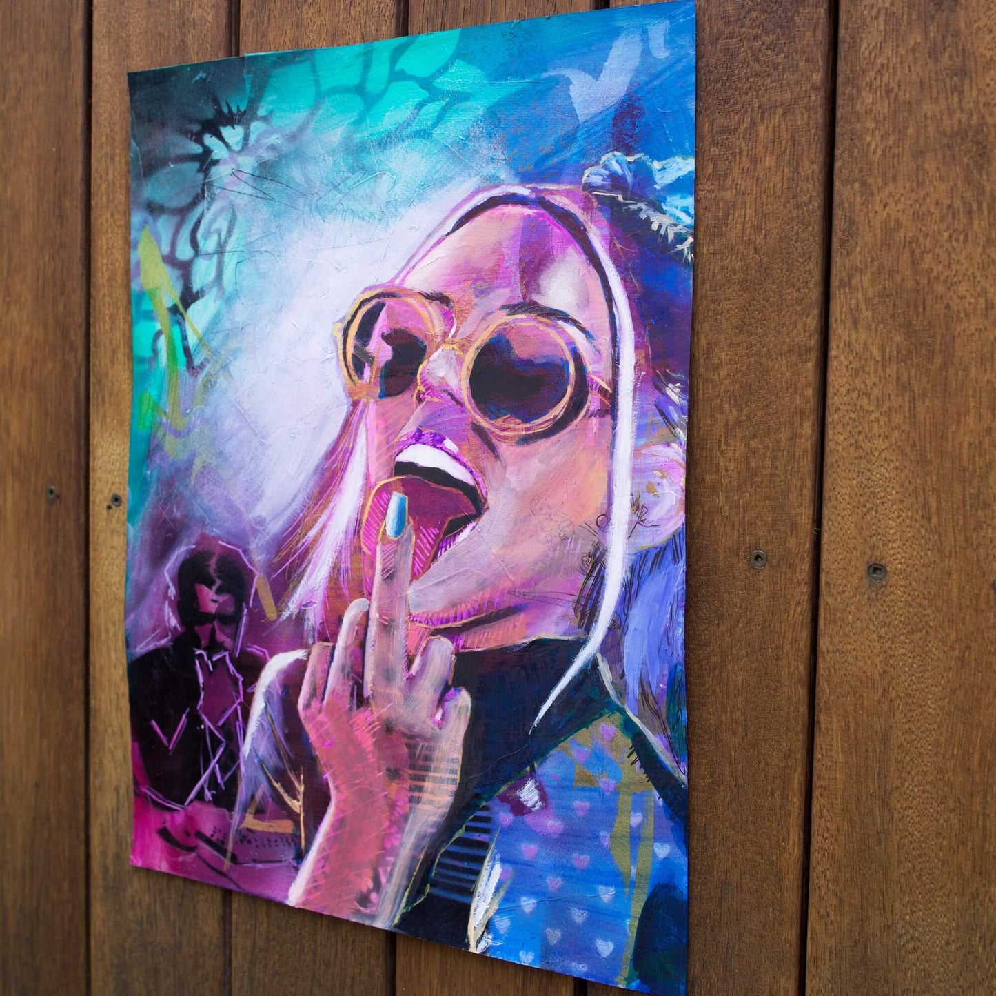 mixed media painting of a woman flipping the bird