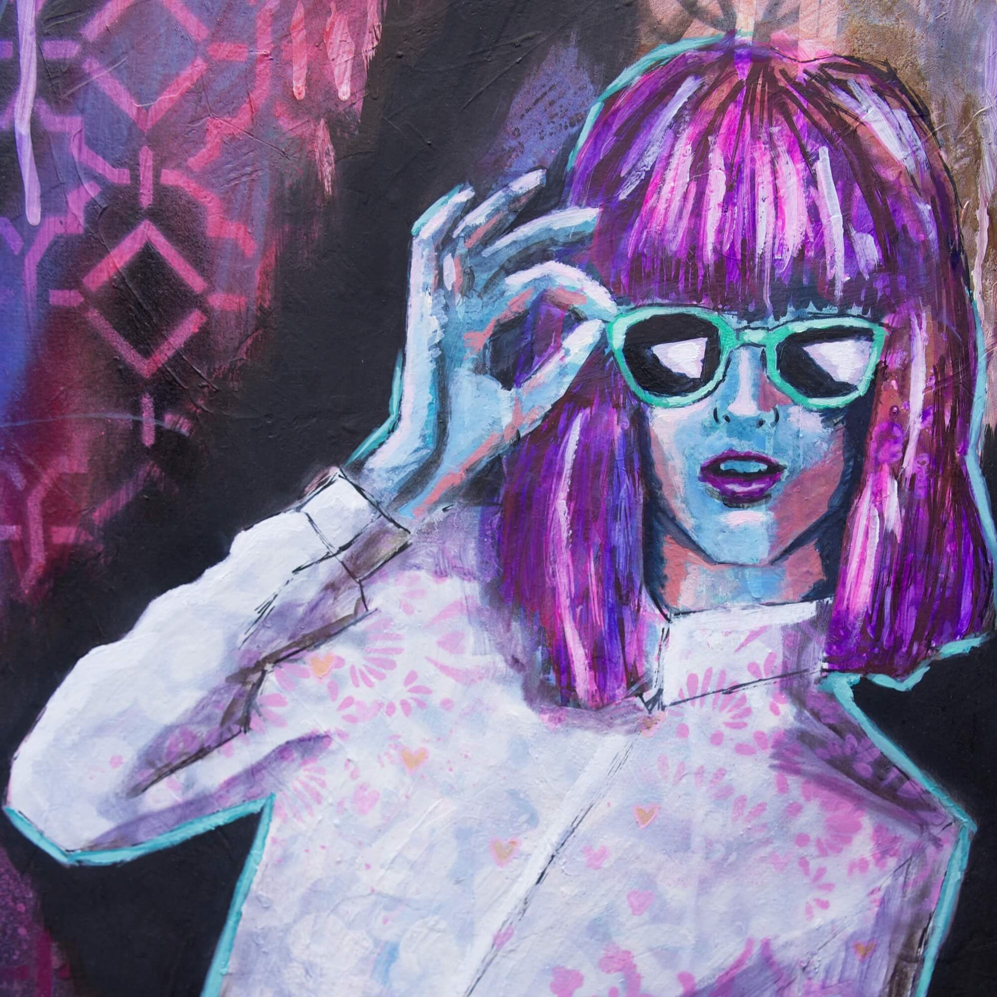 mixed media painting of woman wearing sunglasses teal, purple, pink