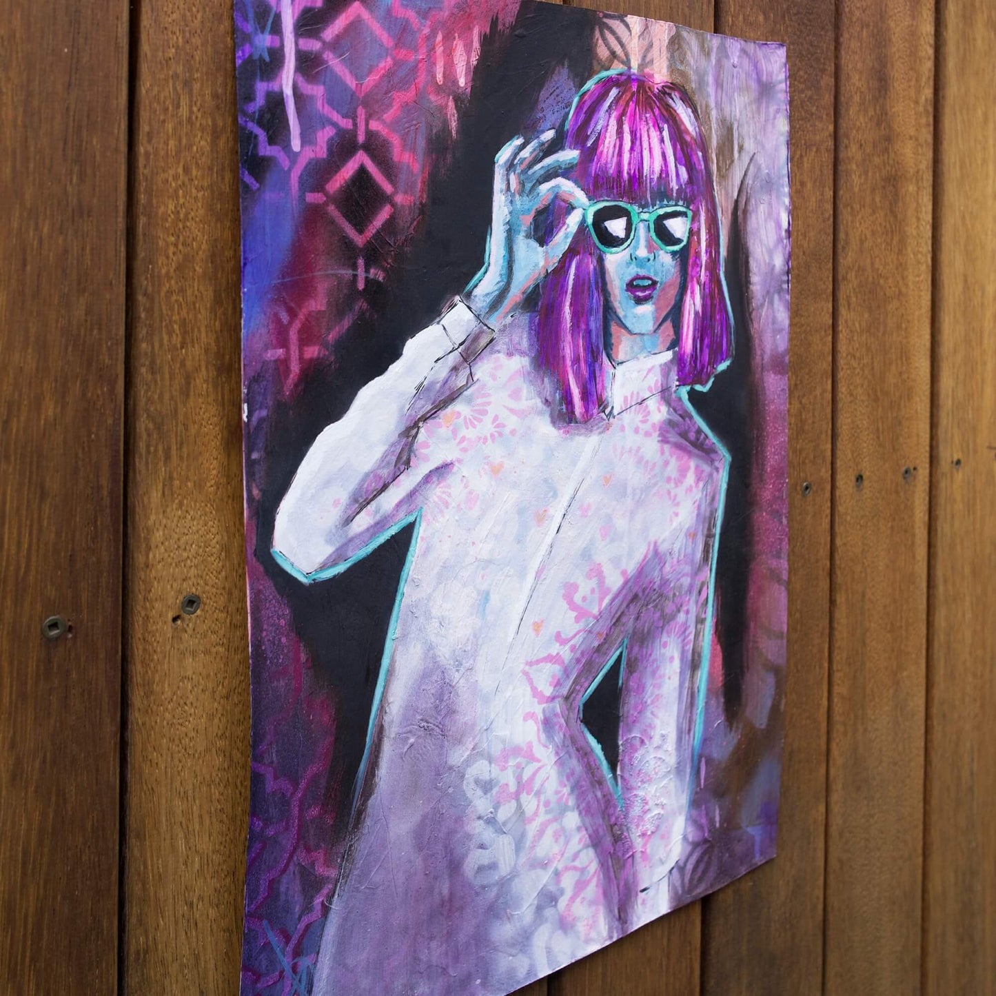 mixed media painting of woman wearing sunglasses teal, purple, pink