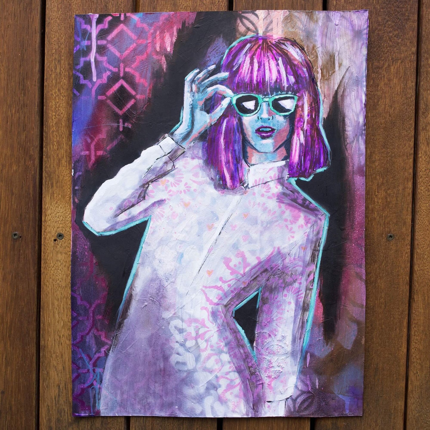 mixed media painting of woman wearing sunglasses teal, purple, pink