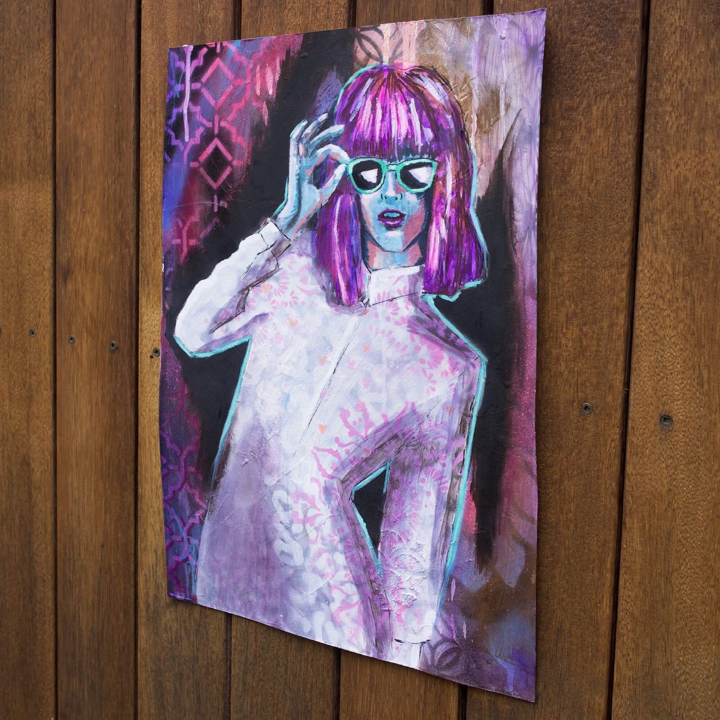 mixed media painting of woman wearing sunglasses teal, purple, pink