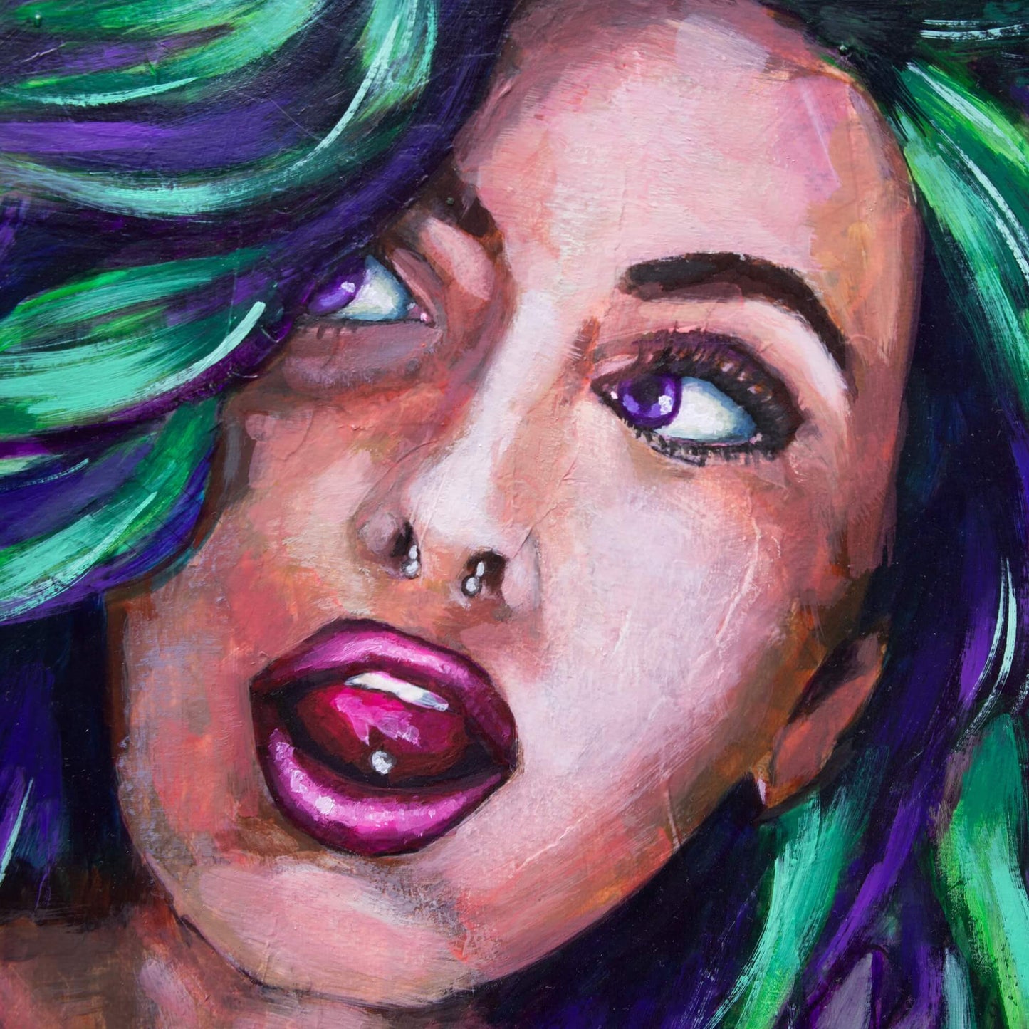 mixed media painting of a woman with scene hair purple and green