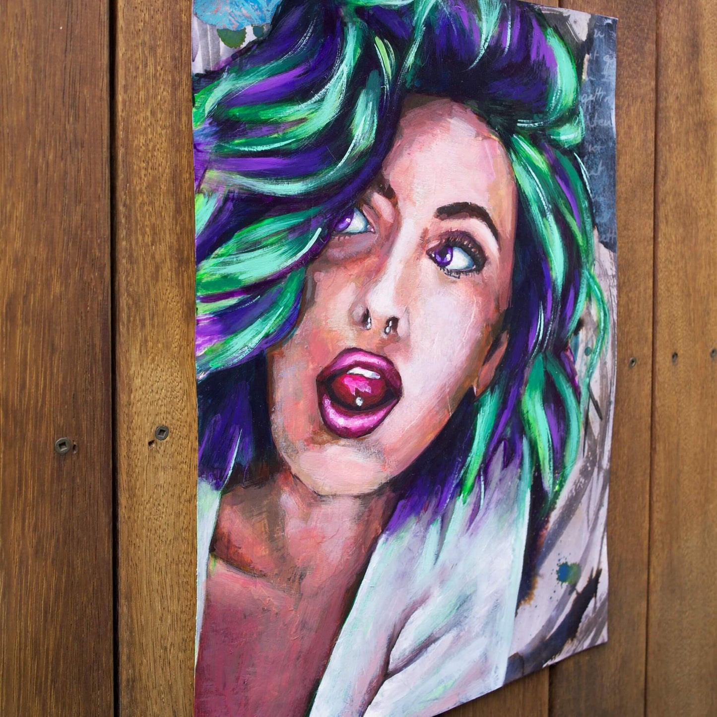 mixed media painting of a woman with scene hair purple and green