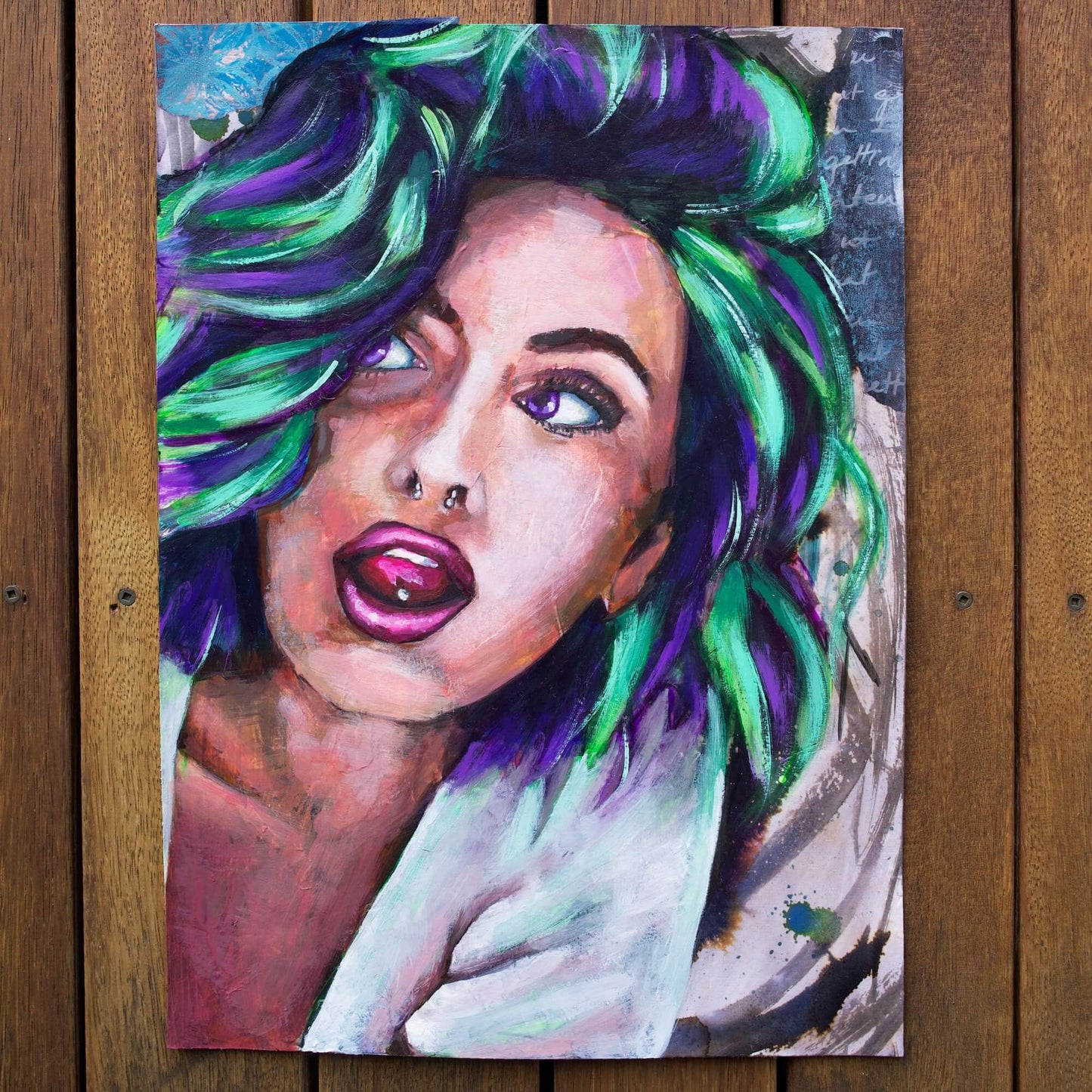 mixed media painting of a woman with scene hair purple and green