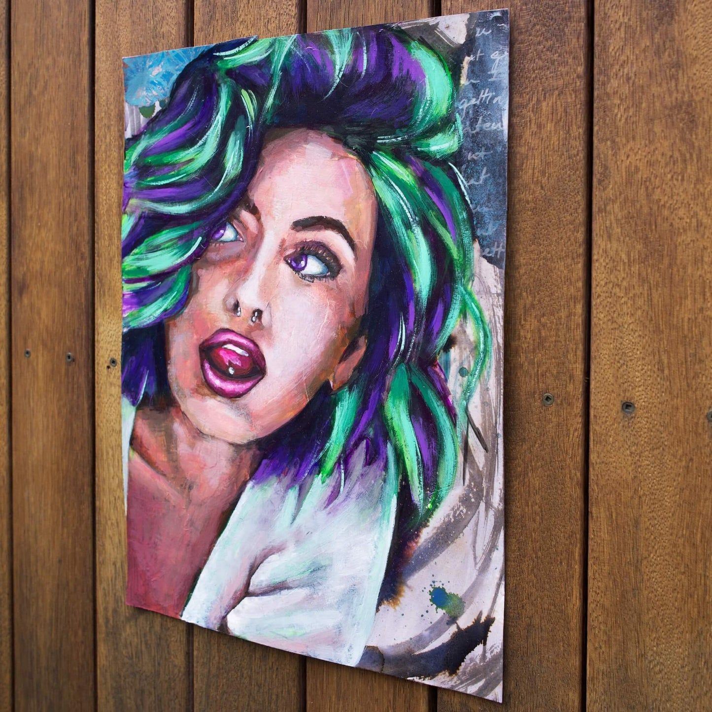 mixed media painting of a woman with scene hair purple and green