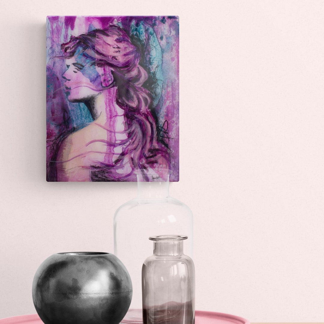 abstract art portait of a Woman on Panel art wall painting pink, Gold, Purple 8" x 10" artists in melbourne