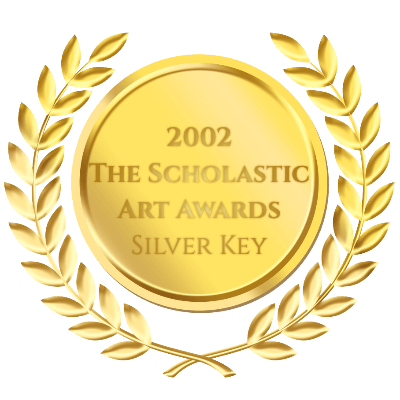 Gold medal with '2002 The Scholastic Art Awards Silver Key' text and laurel wreath on a black background