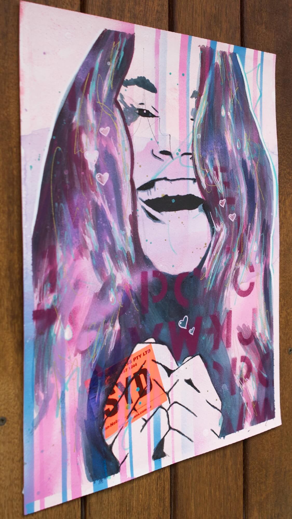 painting of a smiling woman in pinks and purples