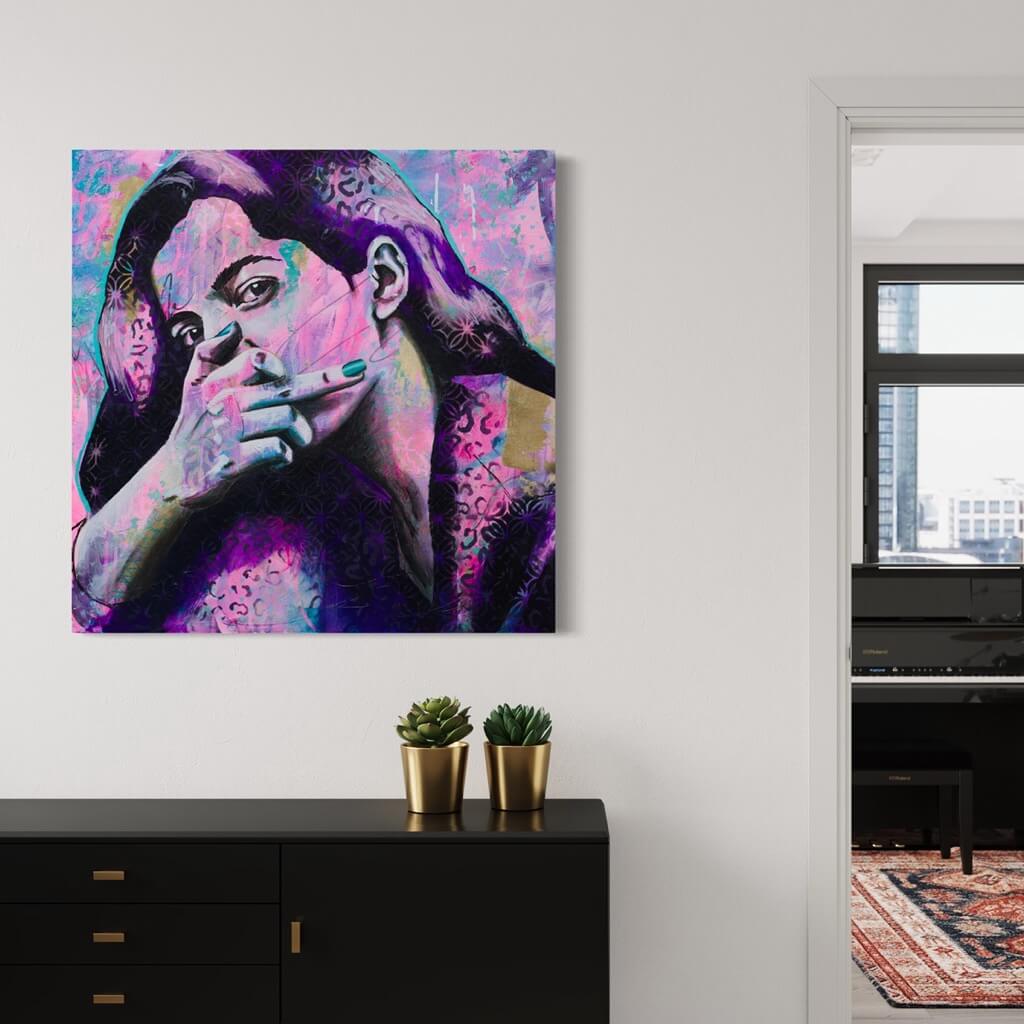 urban art, wall art australia, prints wall art woman flipping middle finger pink purple black canvas art print