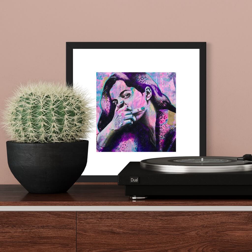 urban art, wall art australia, prints wall art woman flipping middle finger pink purple black canvas art print