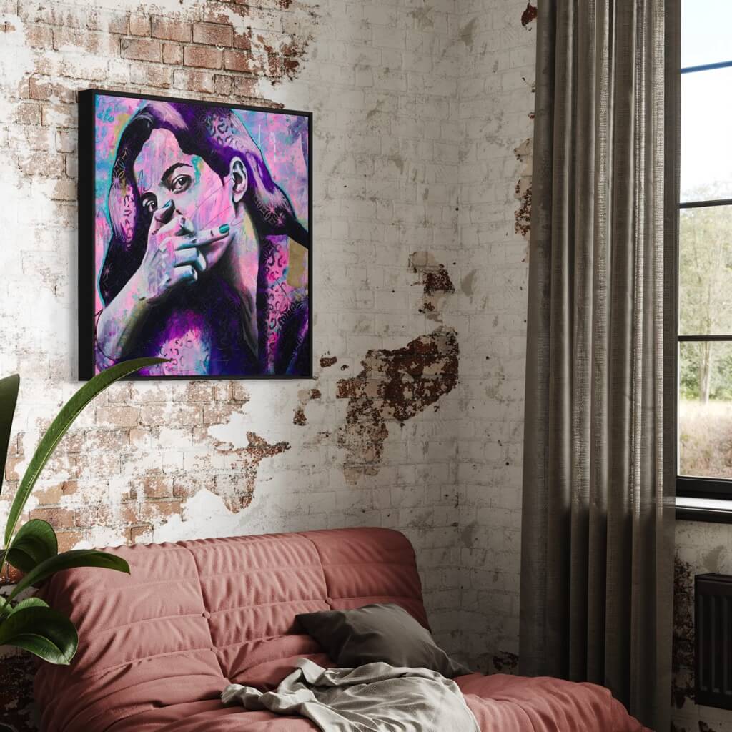 urban art, wall art australia, prints wall art woman flipping middle finger pink purple black canvas art print