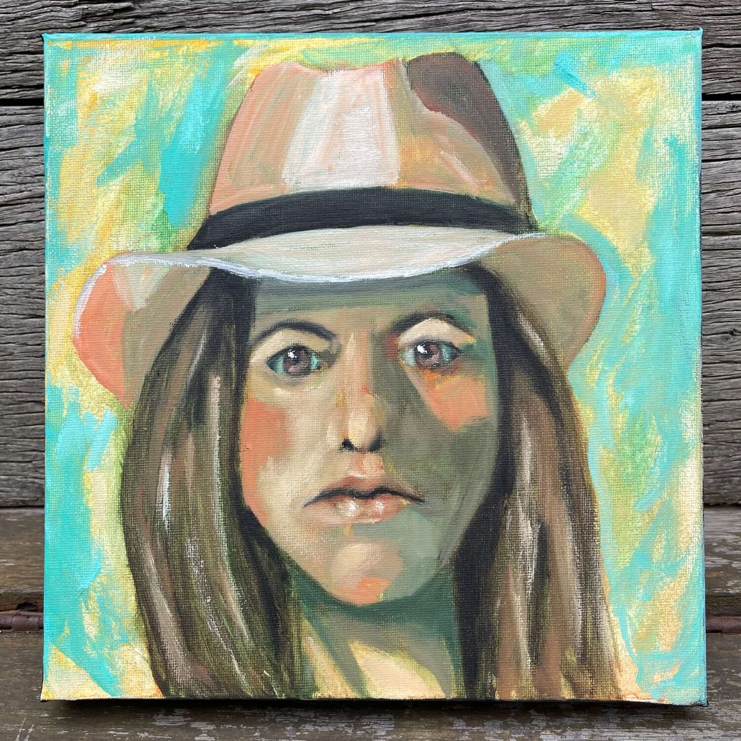 Original Oil Painting Portrait of a Woman, Teal, Peach & Brown, 10" x 10" Painting on Canvas
