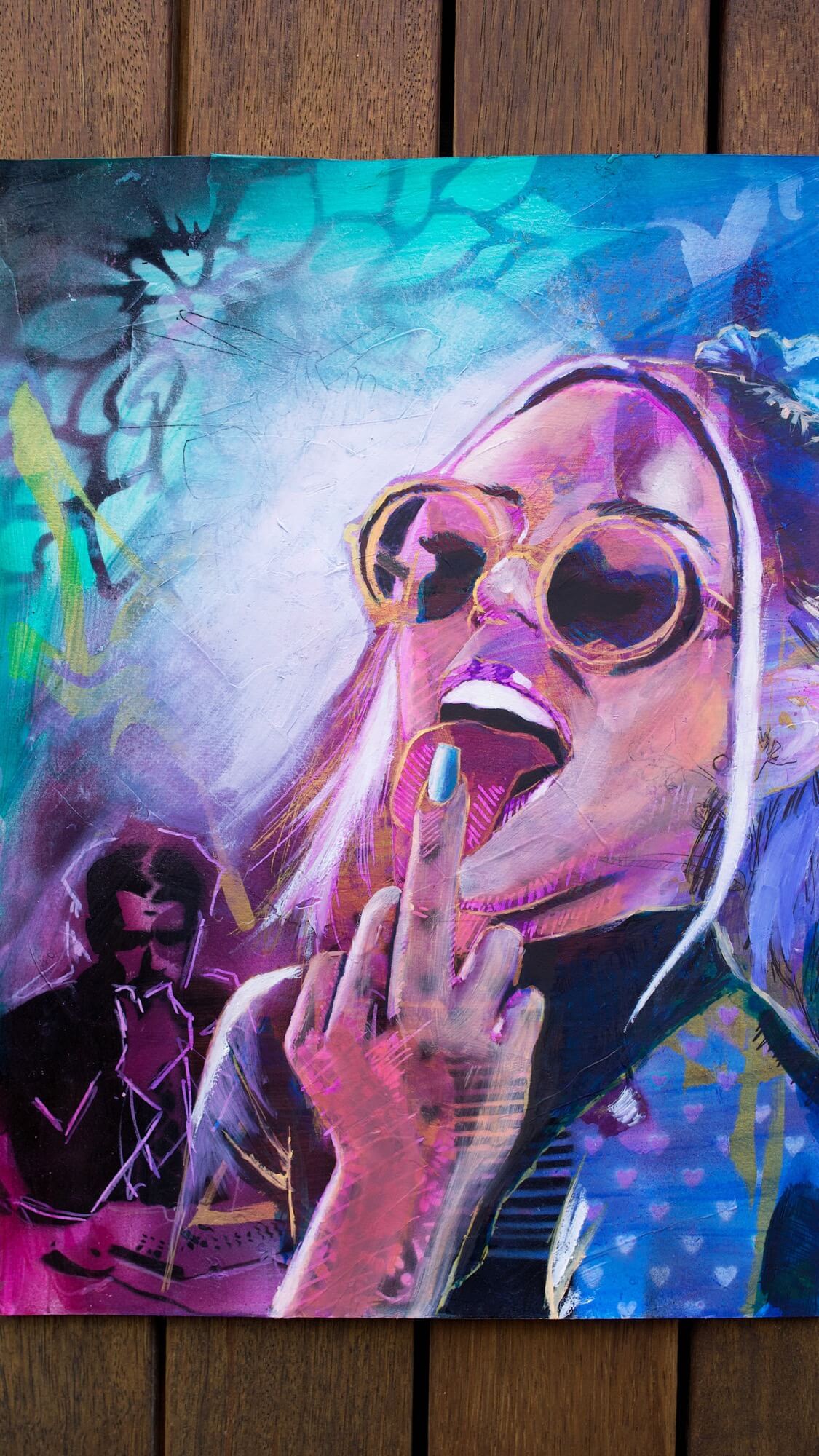 mixed media painting of a woman flipping the bird