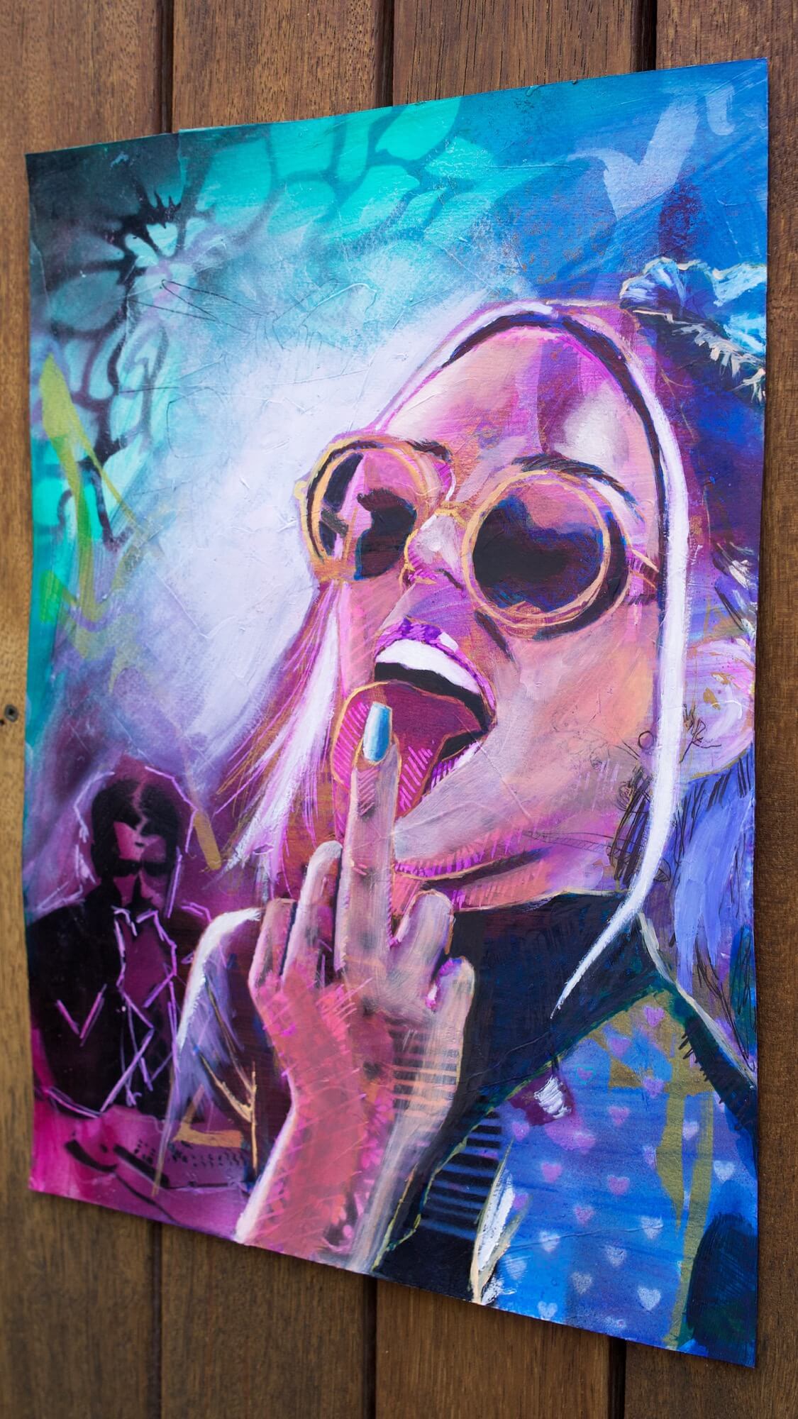 mixed media painting of a woman flipping the bird