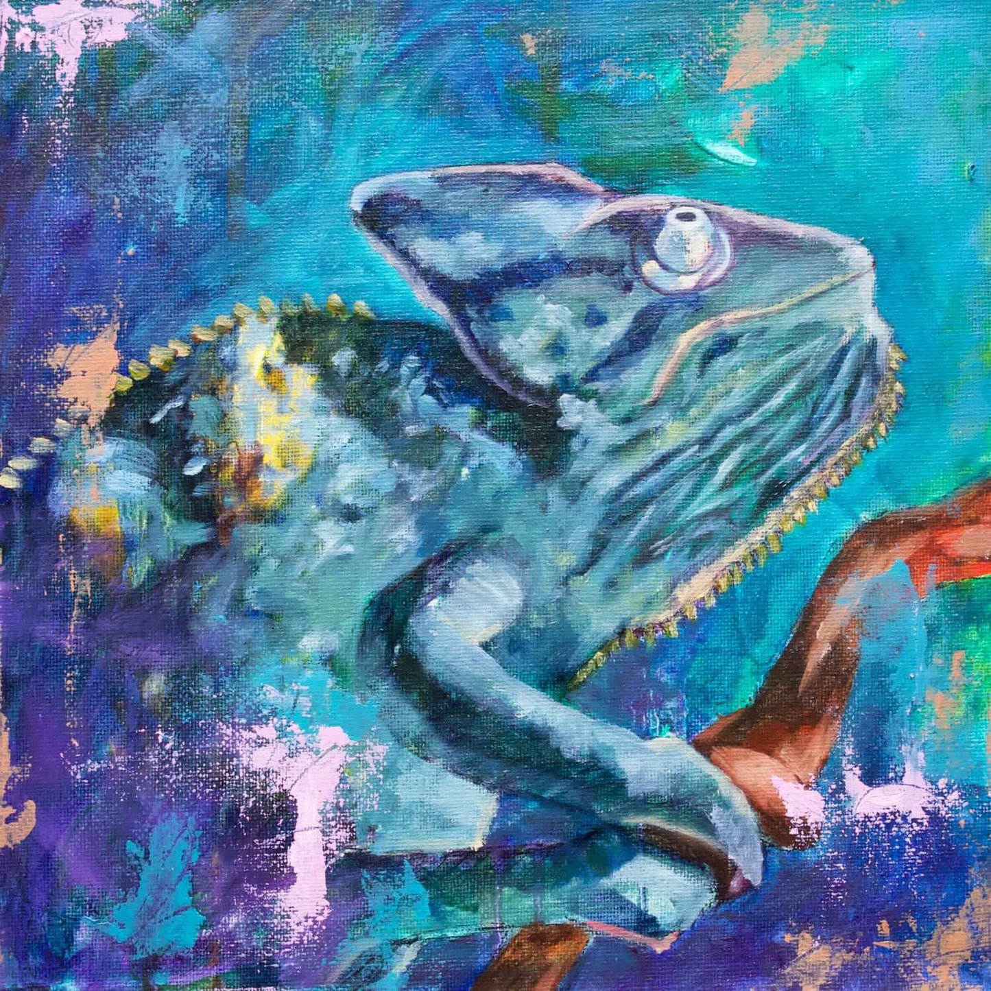 Original Oil Painting of a Chameleon, Blue & Green, 10" x 10" Painting on Canvas