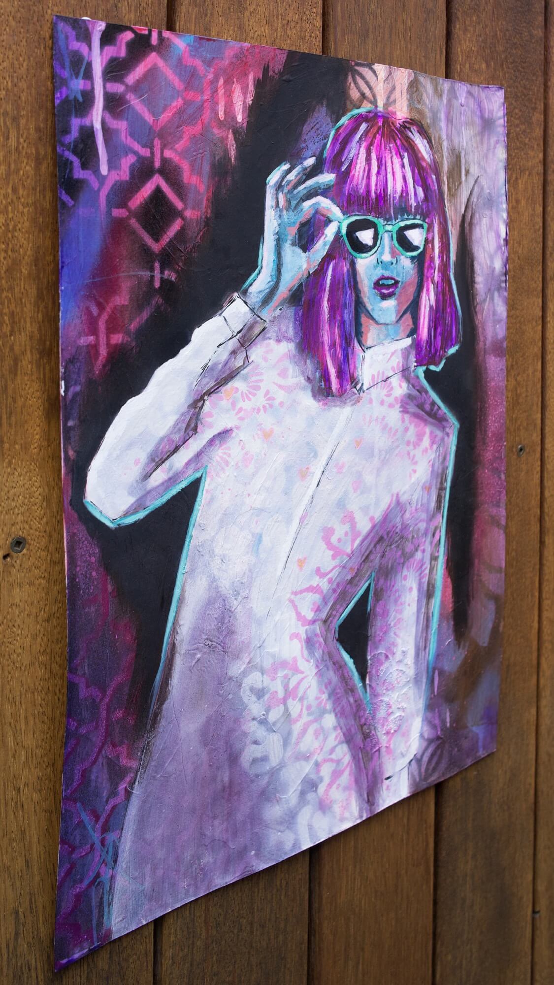 mixed media painting of woman wearing sunglasses teal, purple, pink