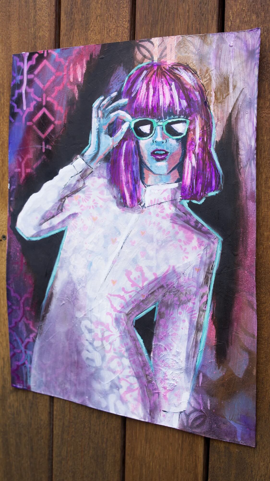 mixed media painting of woman wearing sunglasses teal, purple, pink