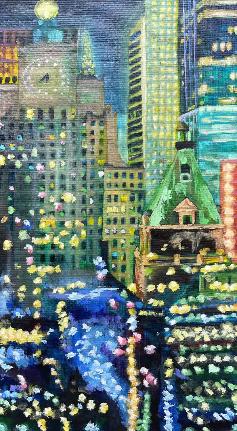 Original Oil Painting of New York City at Night, Yellow, Blue & Green, 12" x 24" Painting on Canvas Panel