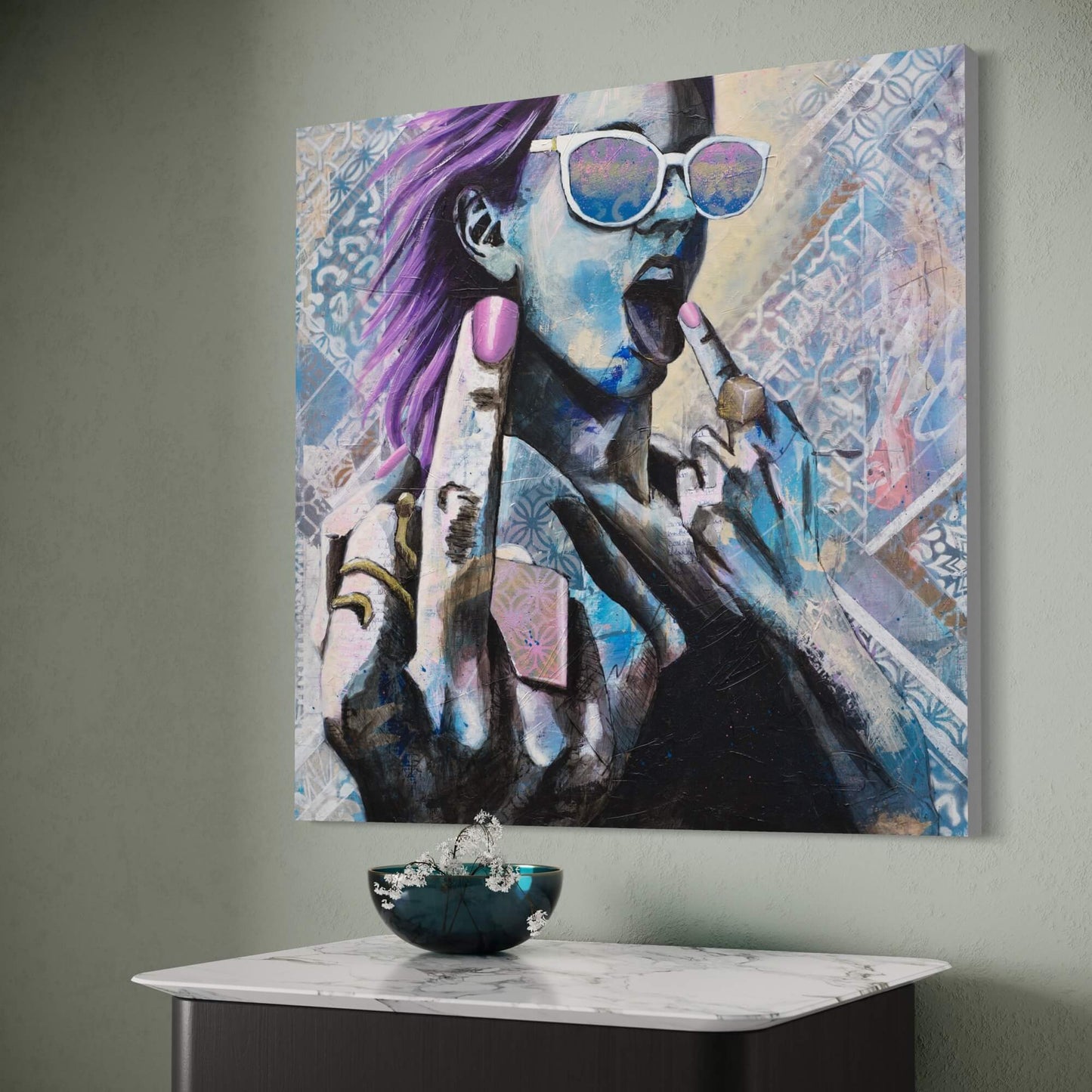 wall art australia, prints wall art blue woman flipping the bird criss chaney come hither