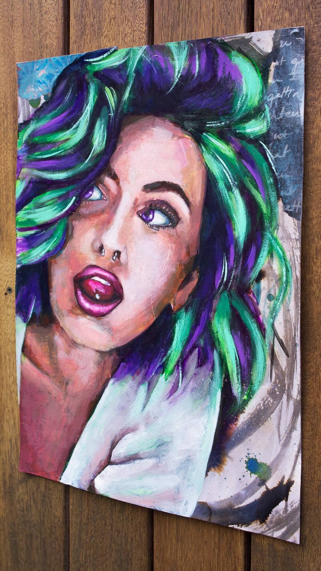 mixed media painting of a woman with scene hair purple and green