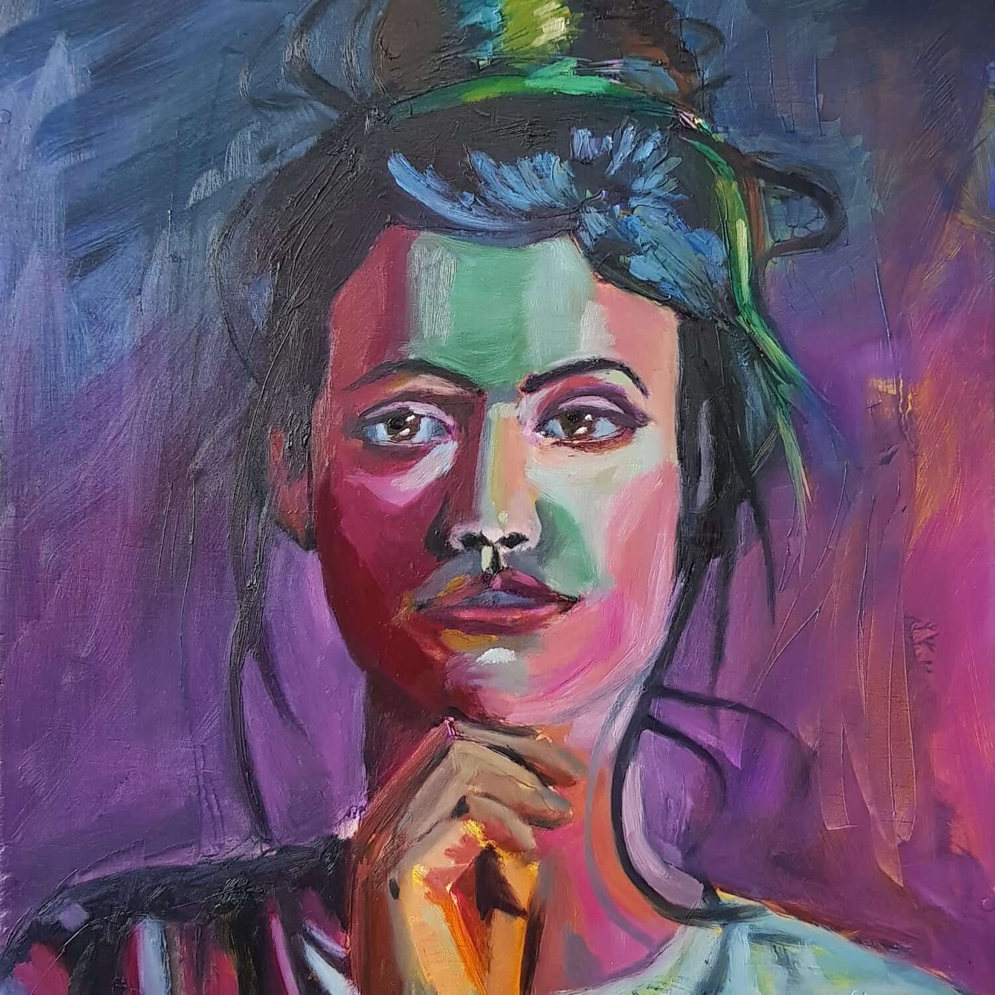 Original Oil Painting of a Woman, Purple, Blue & Pink, 12" x 12" Painting onWooden Panel