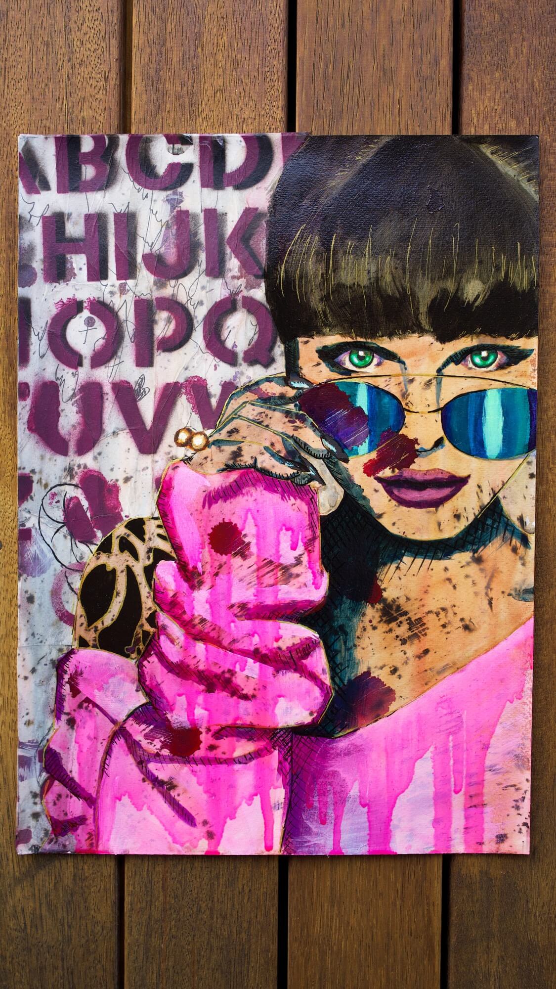 Painting of a woman wearing hot pink sweater and colourful sunglasses