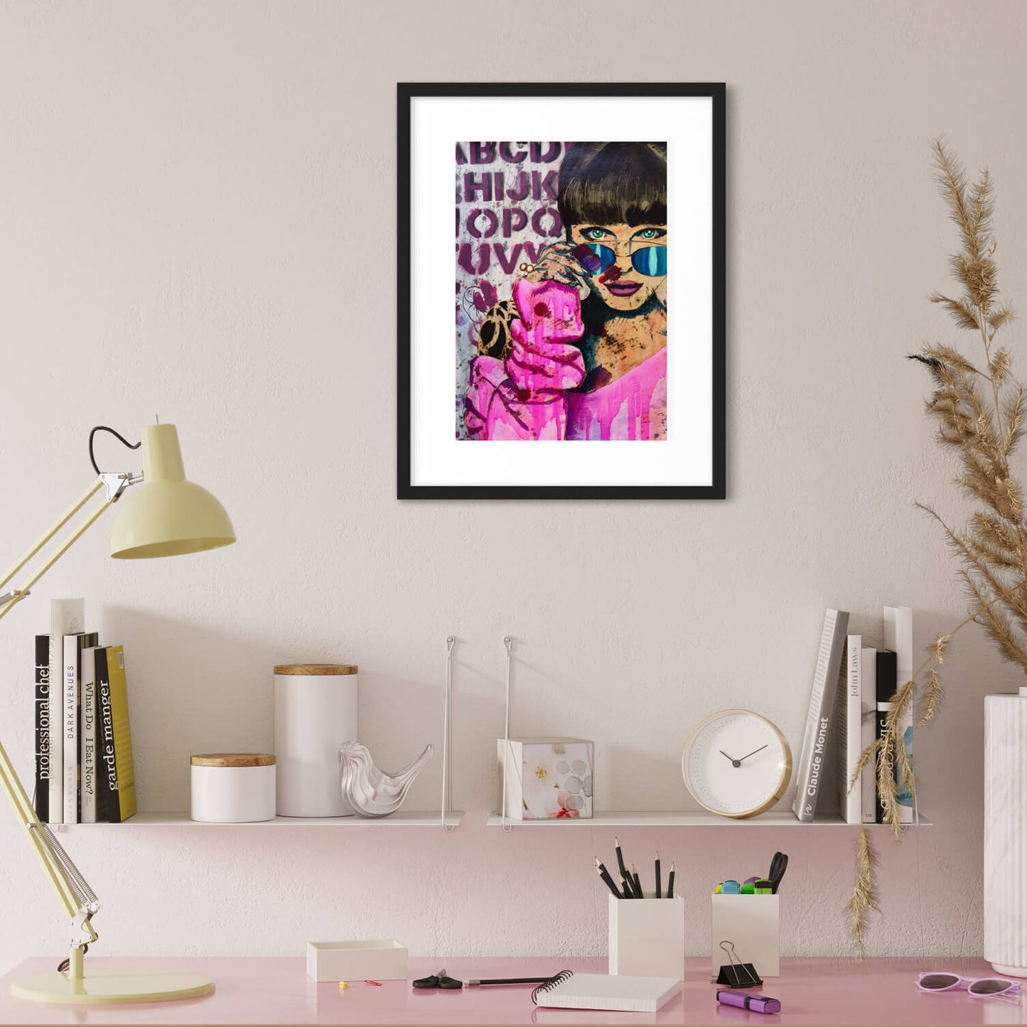 Colourful art, colourful paintings maximalist decor, woman wearing hot pink sweater and sunglasses wall art print 