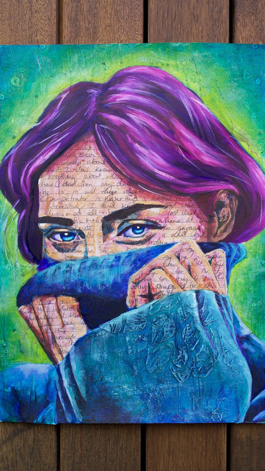 mixed media portrait of a woman with writing on her skin with purple hair