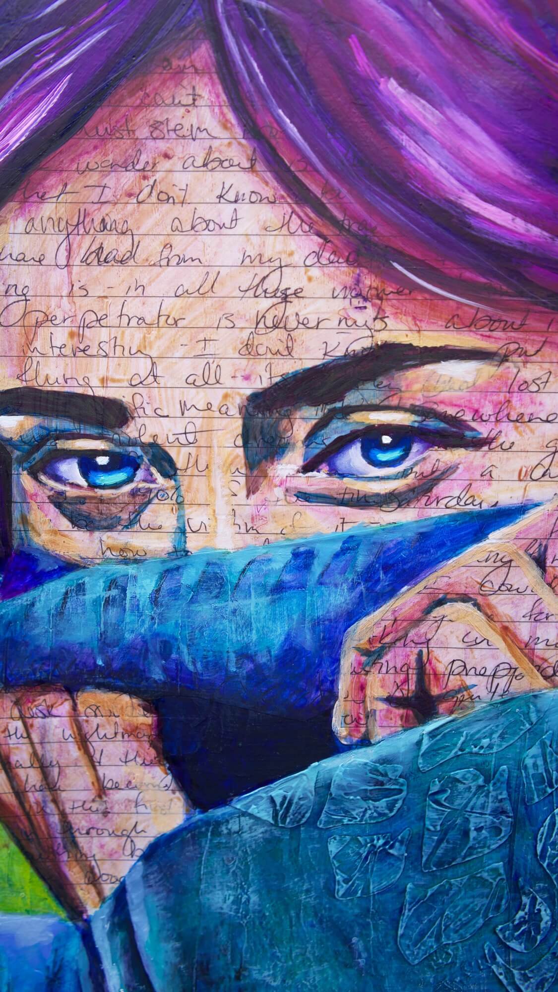 mixed media portrait of a woman with writing on her skin with purple hair