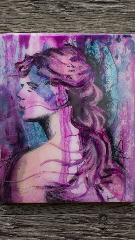 abstract art portait of a Woman on Panel art wall painting pink, Gold, Purple 8" x 10" artists in melbourne