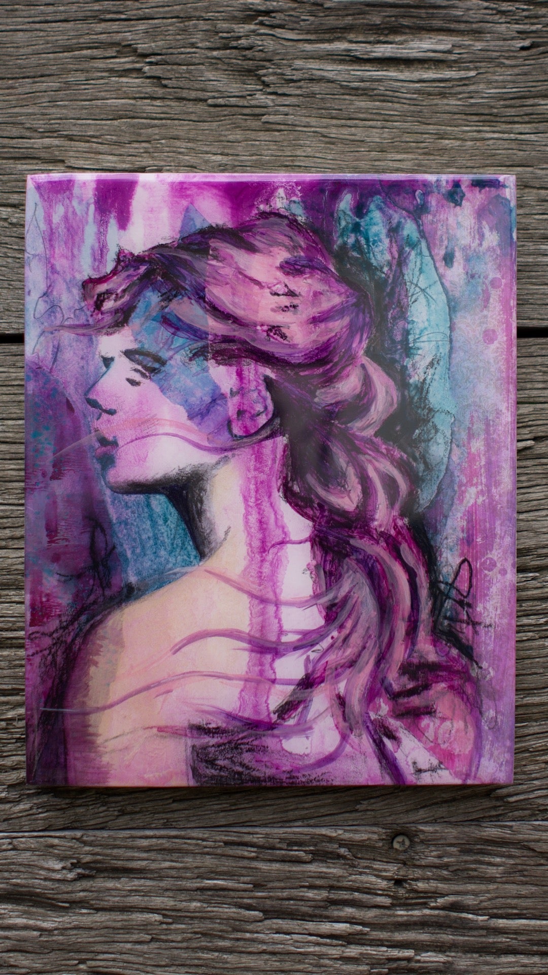 abstract art portait of a Woman on Panel art wall painting pink, Gold, Purple 8" x 10" artists in melbourne