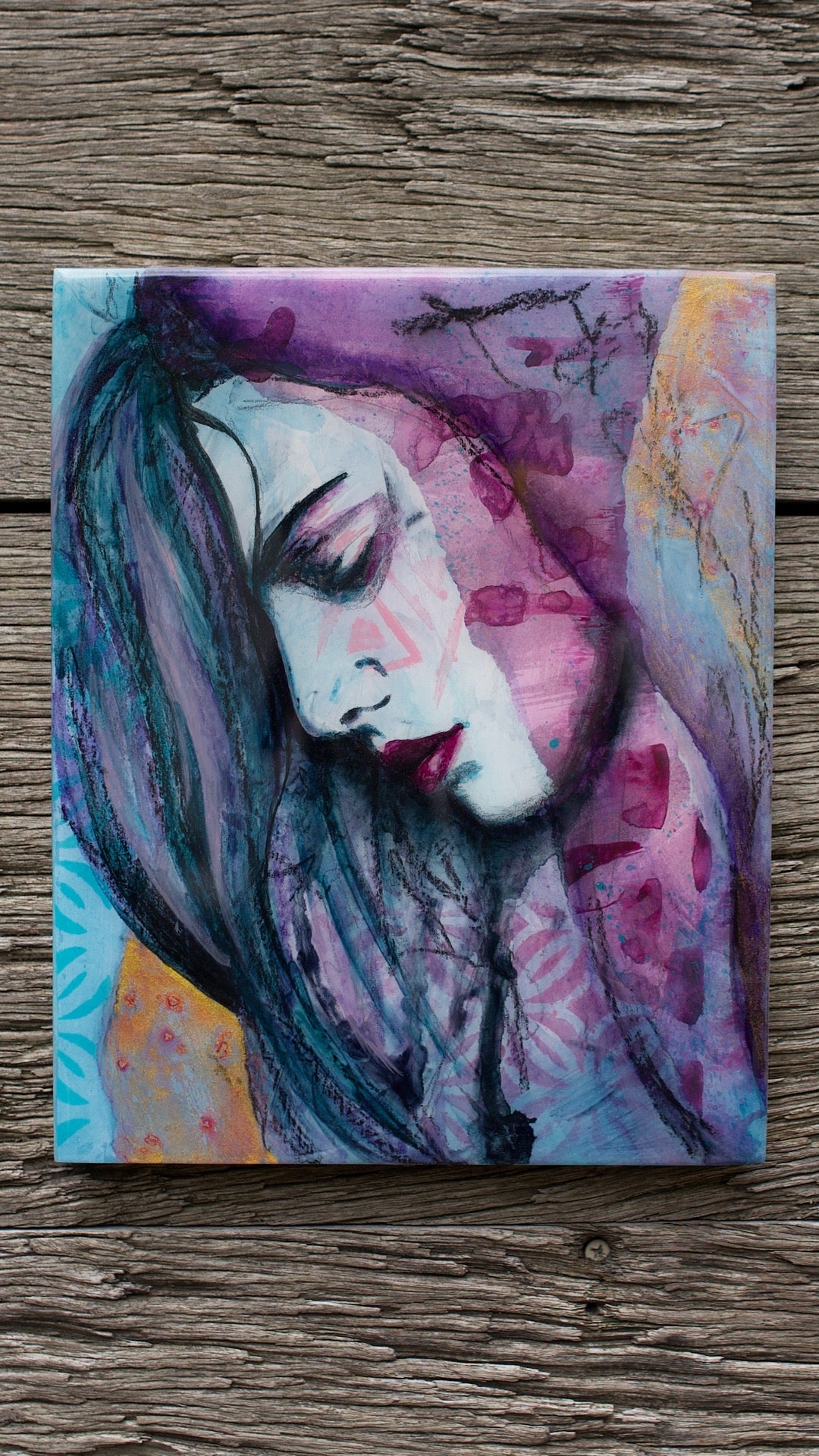 abstract art portait of a Woman on Panel art wall painting Blue, pink, Purple 8" x 10" artists in melbourne