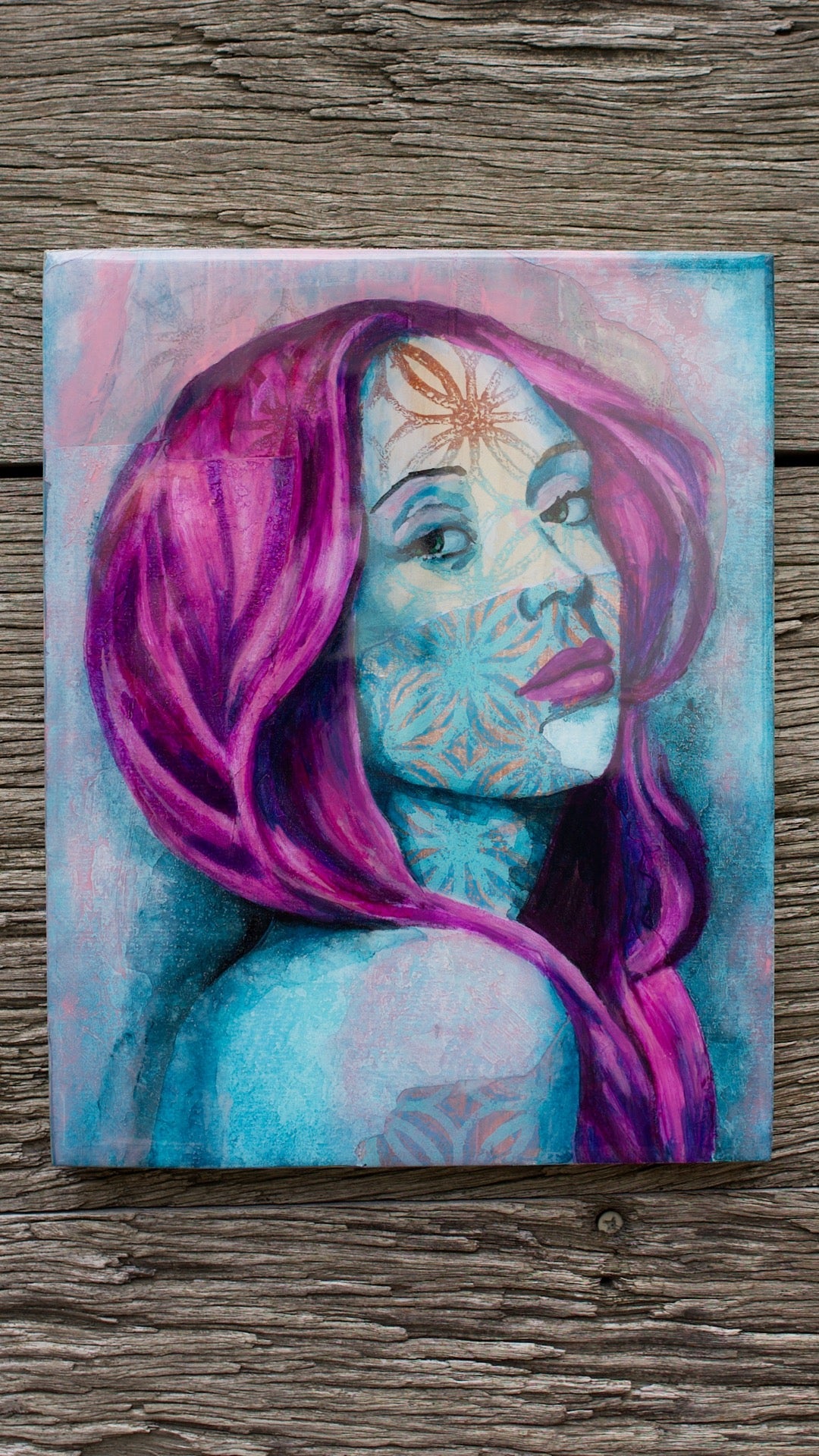 abstract art portait of a Woman on Panel art wall painting Blue, magenta, Purple 8" x 10" artists in melbourne